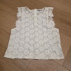 Stradivarius Sleeveless Top Size L Cream White Round Neck Floral Sheer Boho